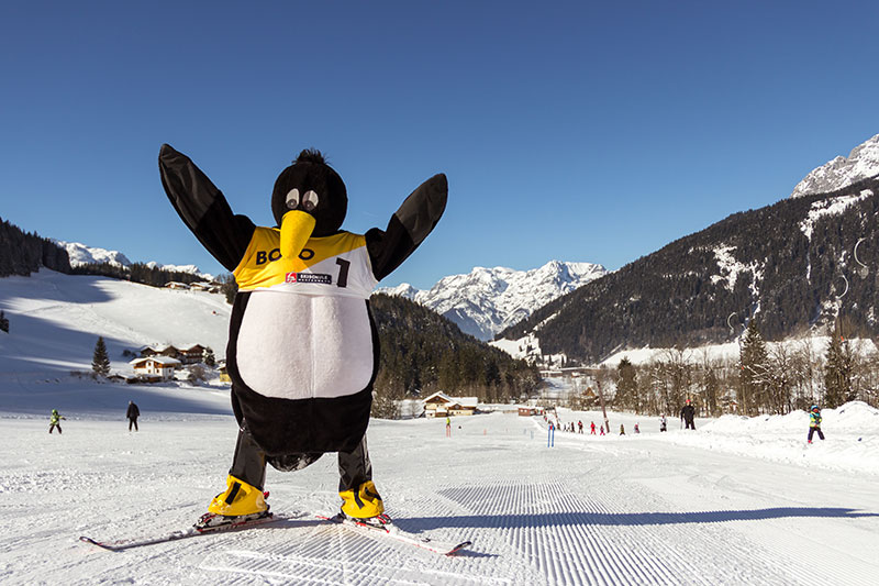 Für die Wintersaison kommt Bobo der Pinguin nach Werfenweng zur SKISCHULE PRO